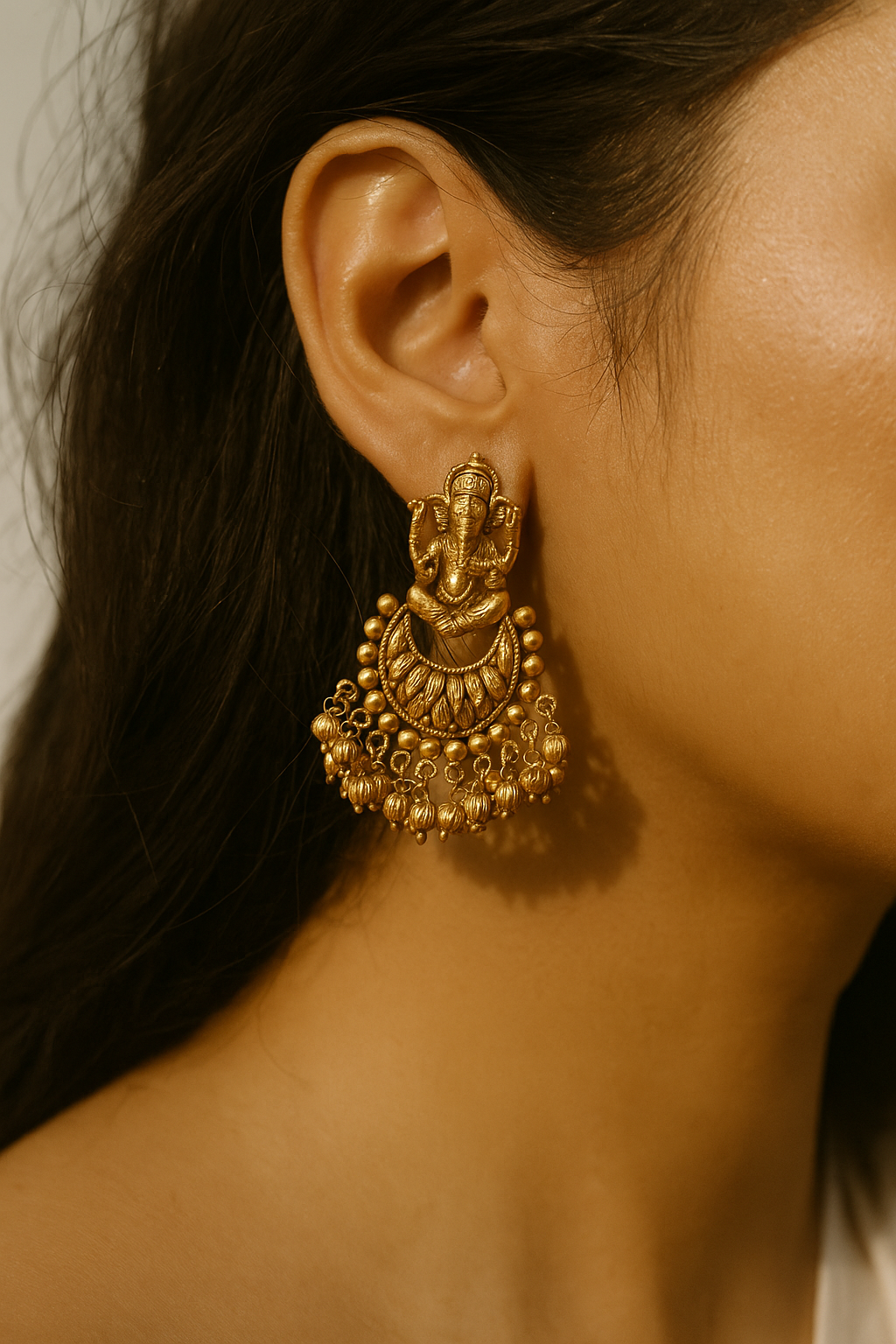 Antique Gold Finish Ganesha Temple Earrings